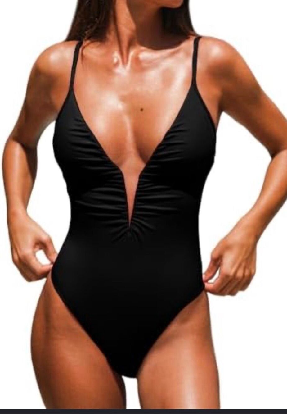 CUPSHE NWT size L black one-piece swimsuit sexy V low-cut